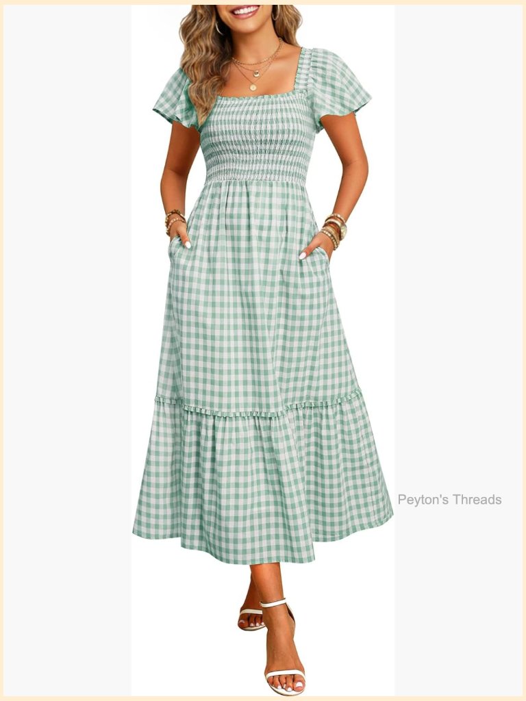 Summer Casual Midi Dress With Pockets - Cotton Smocked Square Neck Flutter